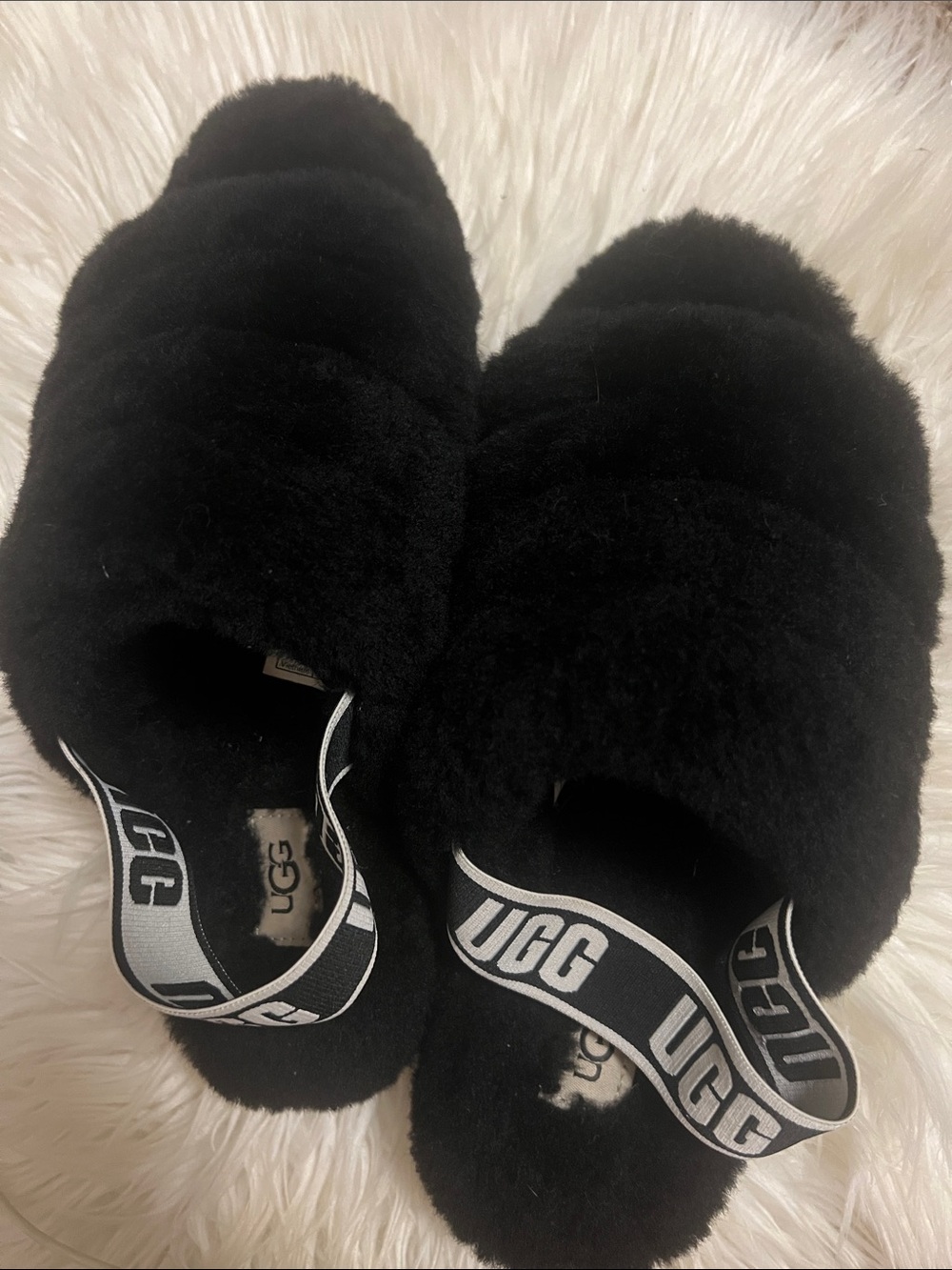 UGG Black Fuzzy Slide with Branded Heel Strap